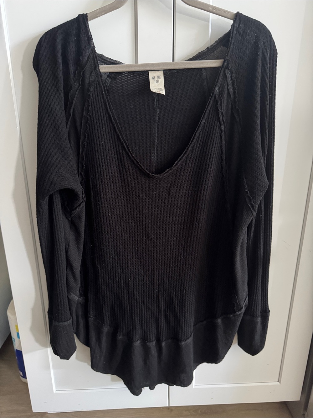 Free People Black Waffle V-Neck Long Sleeve Top